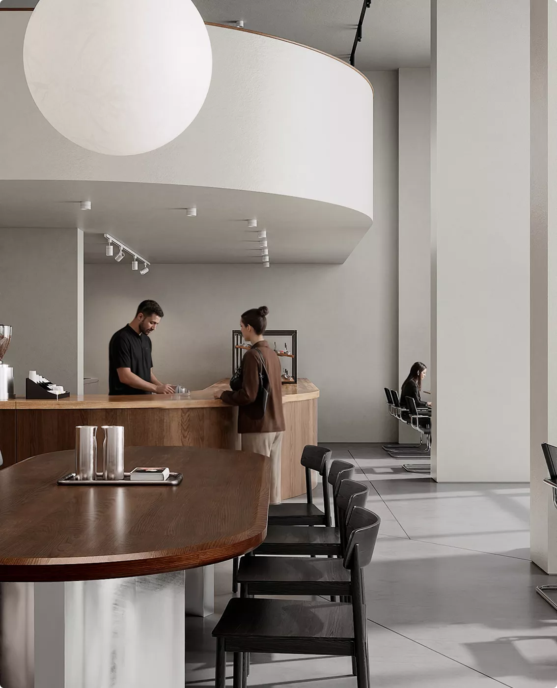 Photorealistic cafe 3D visualization with curved coffee counter and pendant lighting