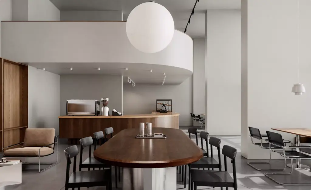 Photorealistic cafe 3D visualization with curved counter and communal wood table
