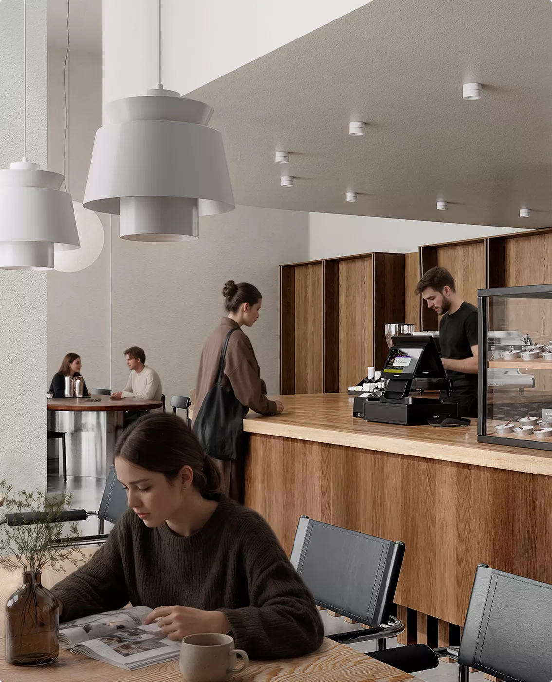 Photorealistic cafe 3D visualization with customers seated near wood coffee counter