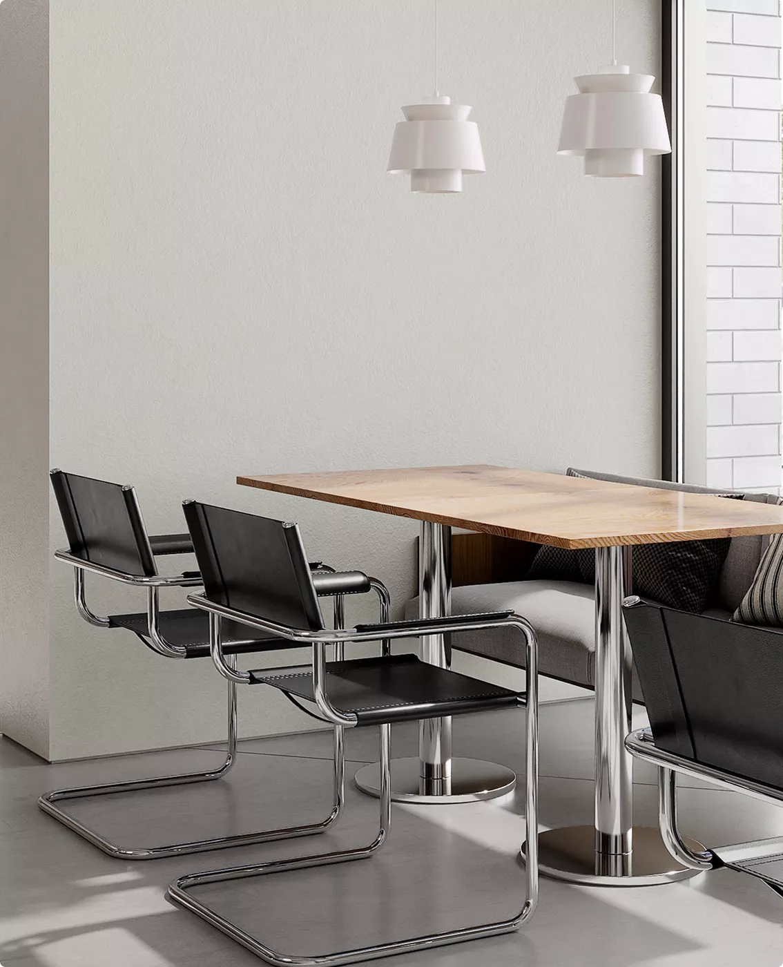 Photorealistic cafe 3D visualization with black chairs and wood dining table