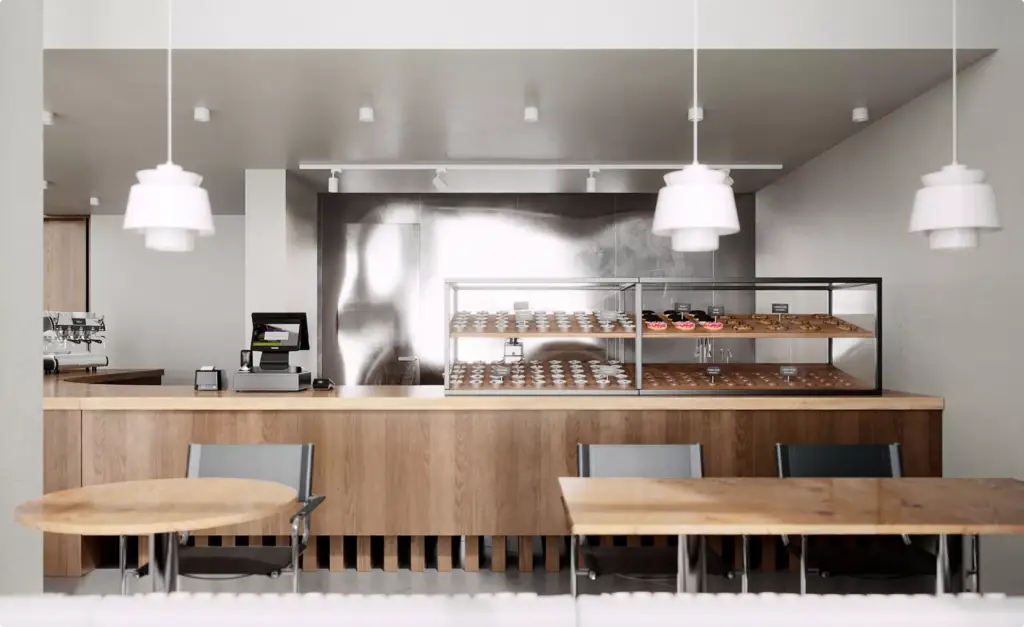 Photorealistic cafe 3D visualization with pastry display and wood service counter