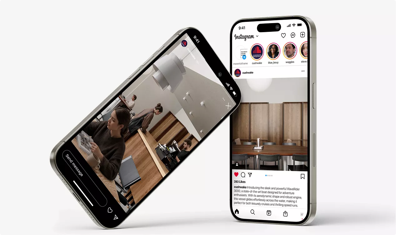 Photorealistic cafe 3D visualization shown on smartphone social media mockup screens