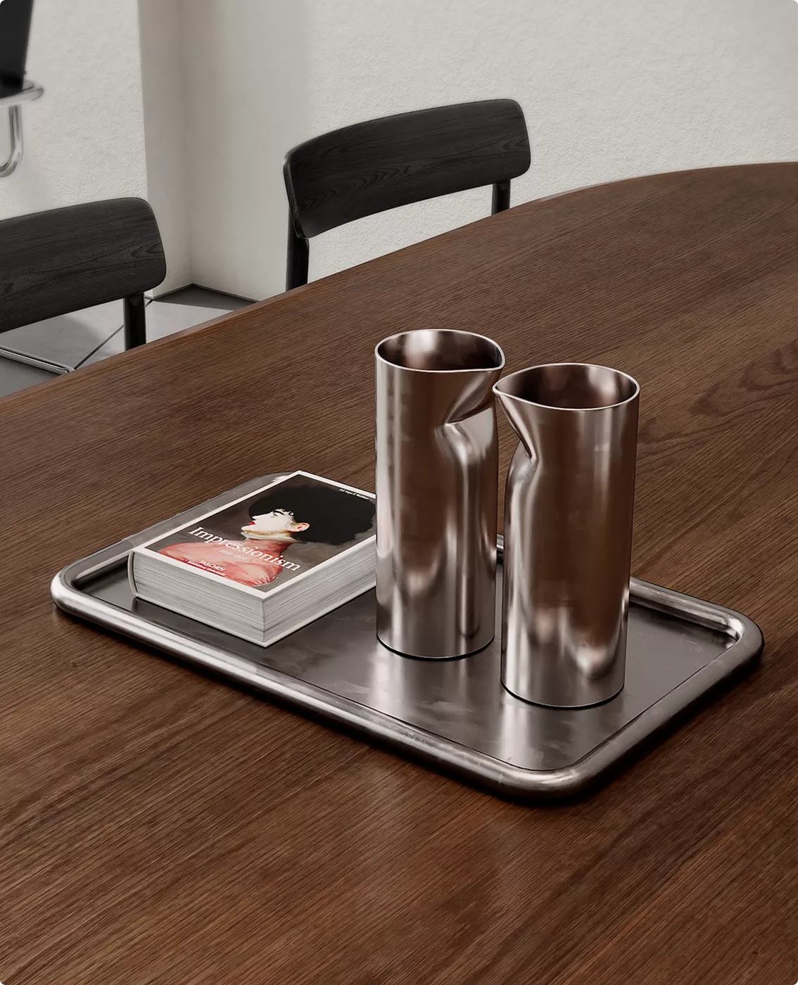 Photorealistic cafe 3D visualization with metal pitchers and books on wood table