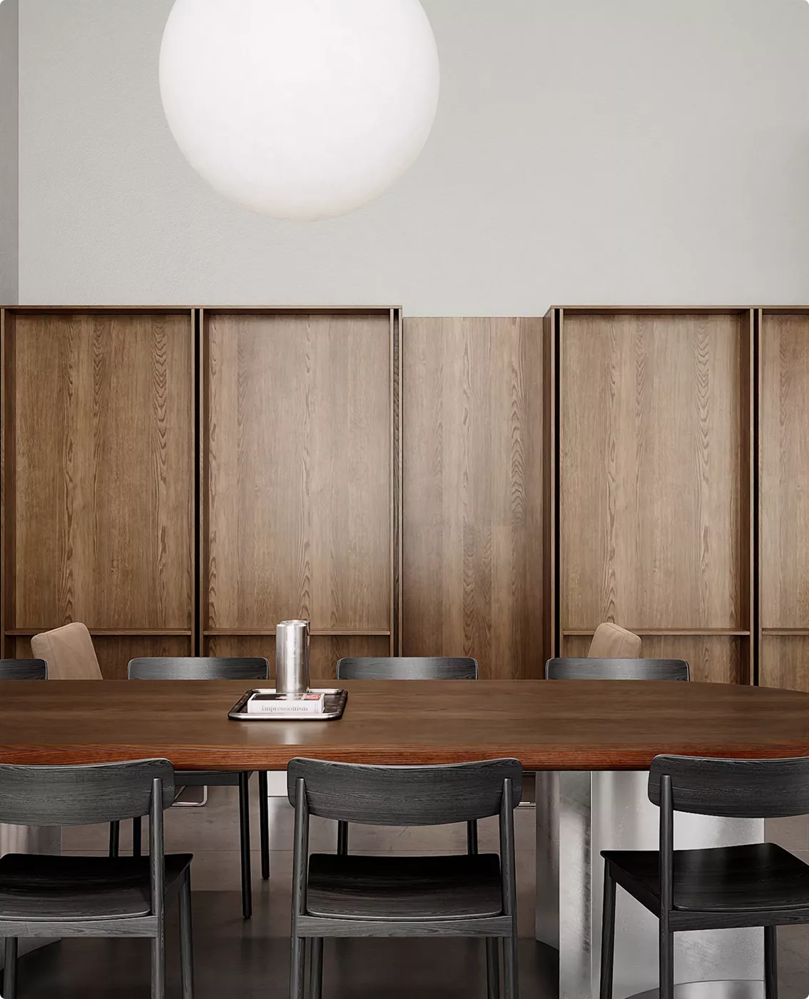 Photorealistic cafe 3D visualization with wood wall panels and long dining table
