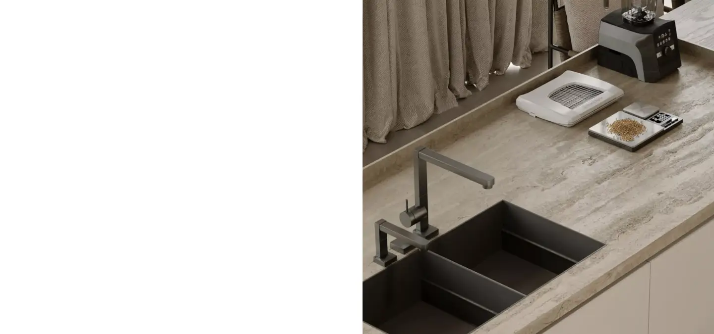 Photorealistic kitchen render showing black sink, stone countertop, and matte faucet details