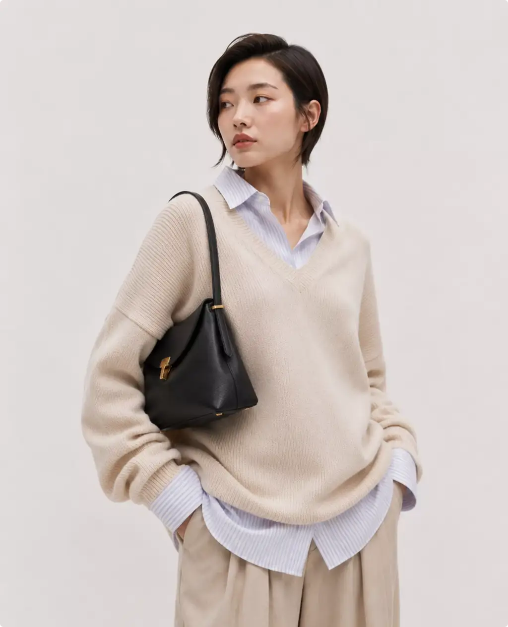 hotorealistic Toteme handbag CGI render worn with cream knit outfit