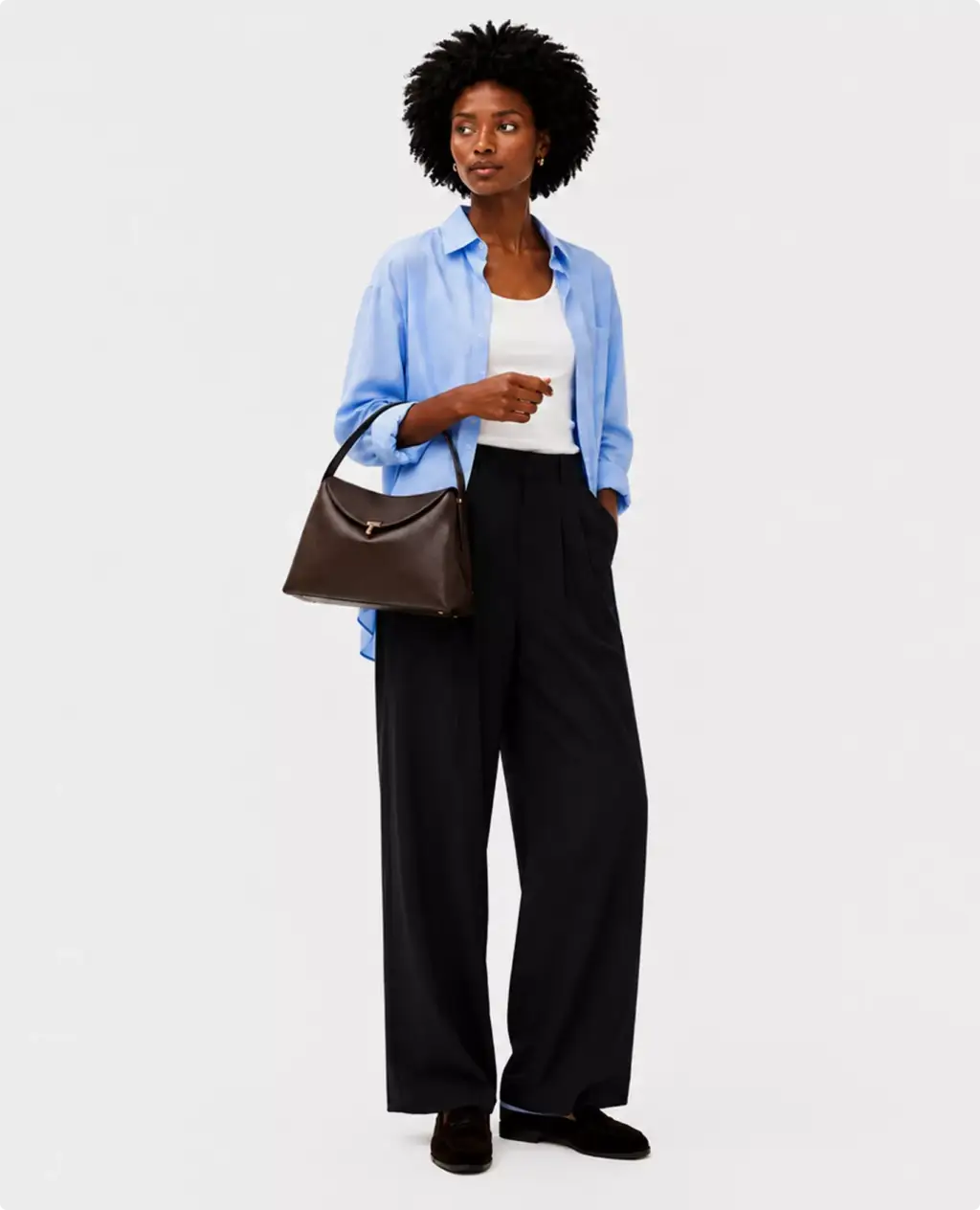 Premium leather Toteme bag CGI visualization with dark brown bag and blue shirt