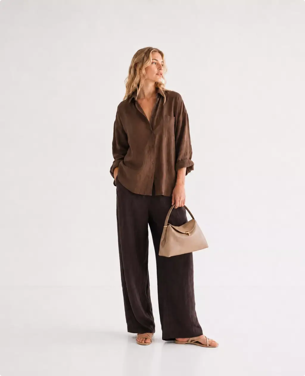 Premium leather Toteme bag CGI visualization with beige bag and brown outfit