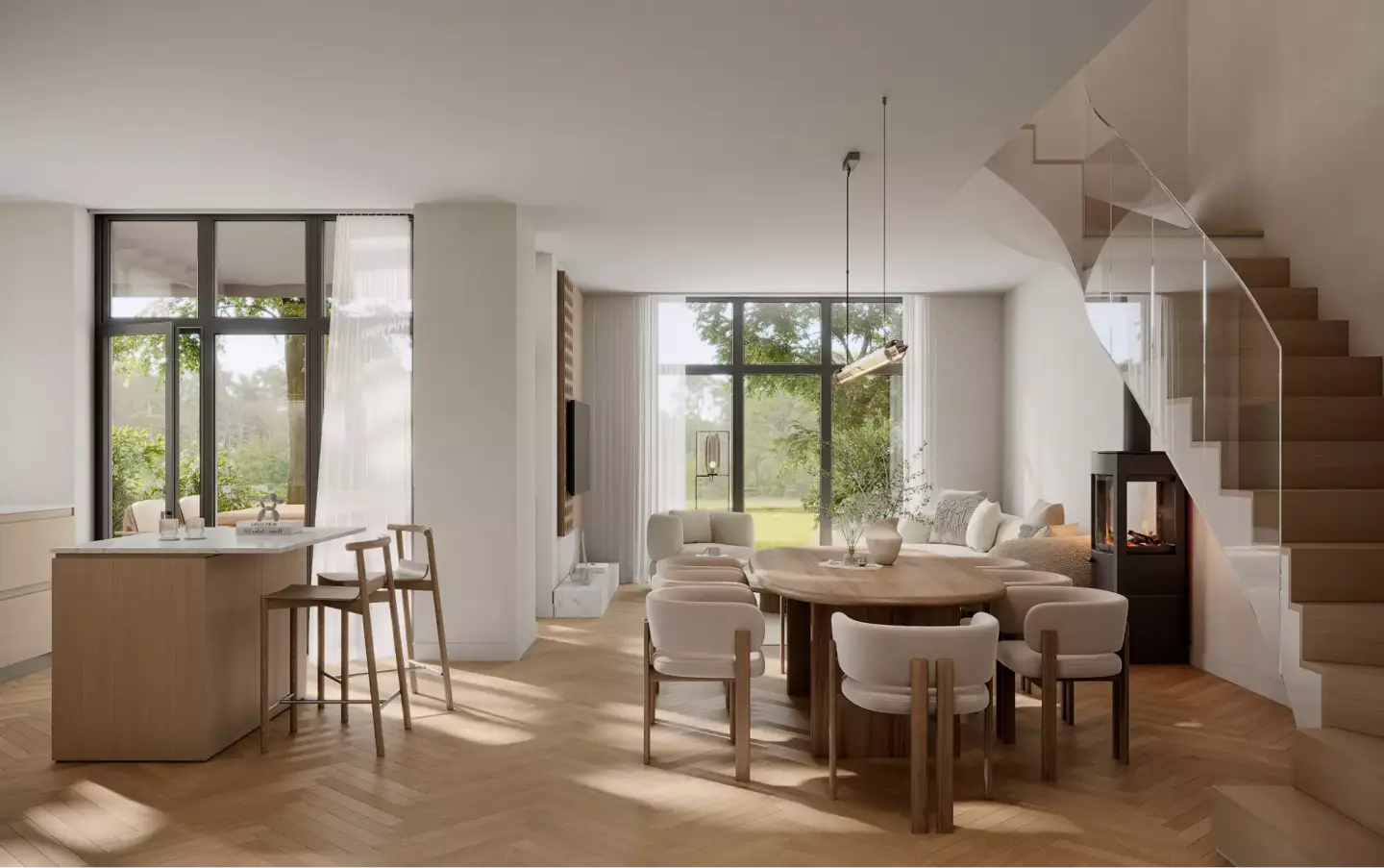 Best 3D Rendering & Architectural Visualization Companies in Australia in 2026 Residential interior render with kitchen island, dining table, curved stairs, and garden views
