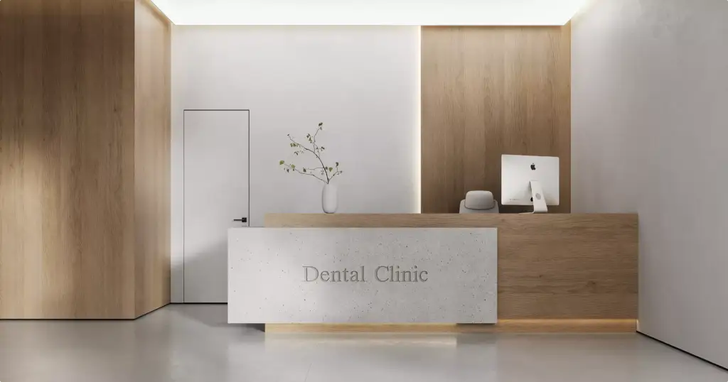 Scandinavian-style dental clinic lounge visualization with minimalist furniture and warm natural materials.