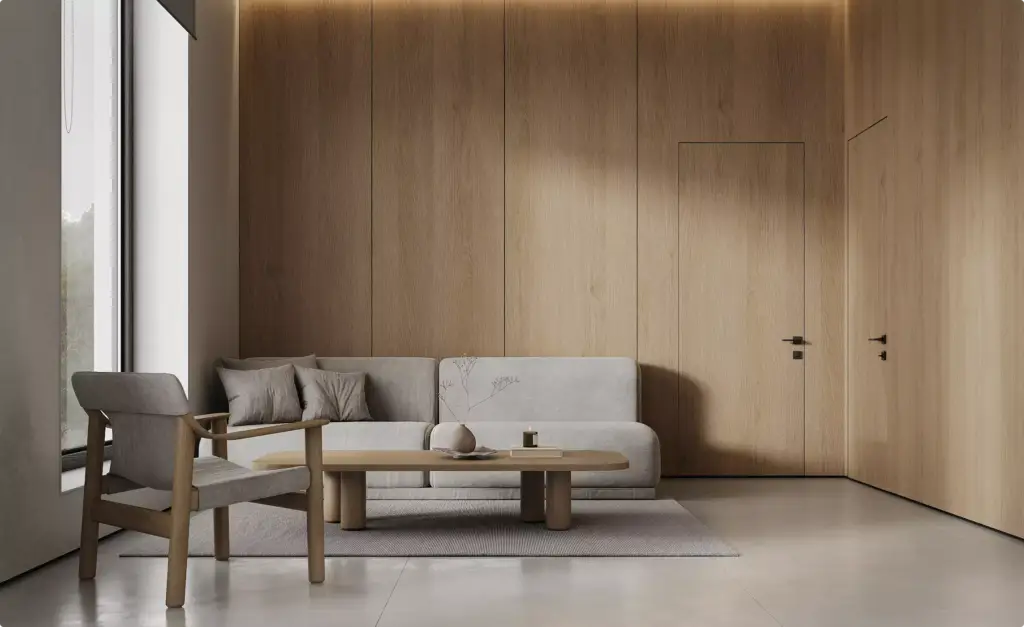 Scandinavian-inspired dental clinic waiting room visualization with wooden wall panels and cozy furniture.