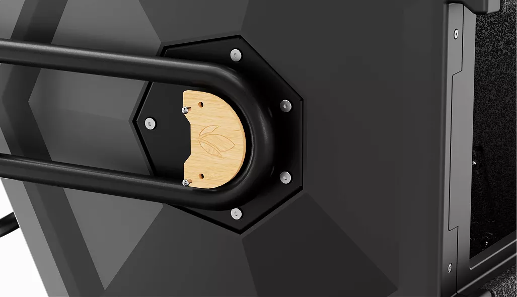 Close-up side view of the rotating handle mechanism on a durable smart composting device with modern industrial design.