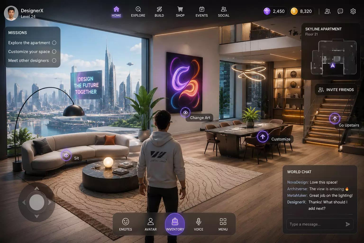 Metaverse Interior Design for Virtual Spaces Avatar inside a skyline apartment with interactive controls for metaverse rendering