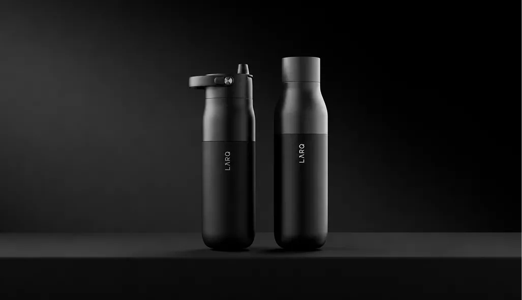 Smart water bottle CGI featuring black straw lid bottle beside classic bottle design