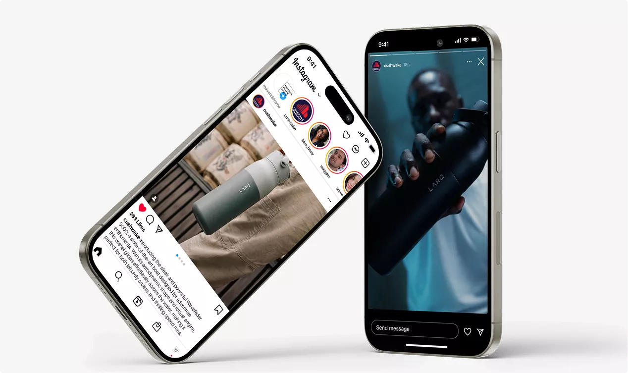Smart water bottle CGI displayed on smartphone social media screens in mockup scene