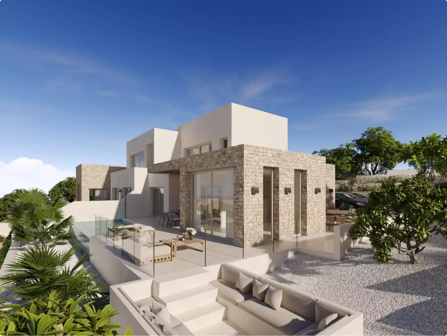 Best 3D Rendering & Architectural Visualization Companies in Australia in 2026 Stone villa render with terraces, glass railings, outdoor seating, and landscaped garden