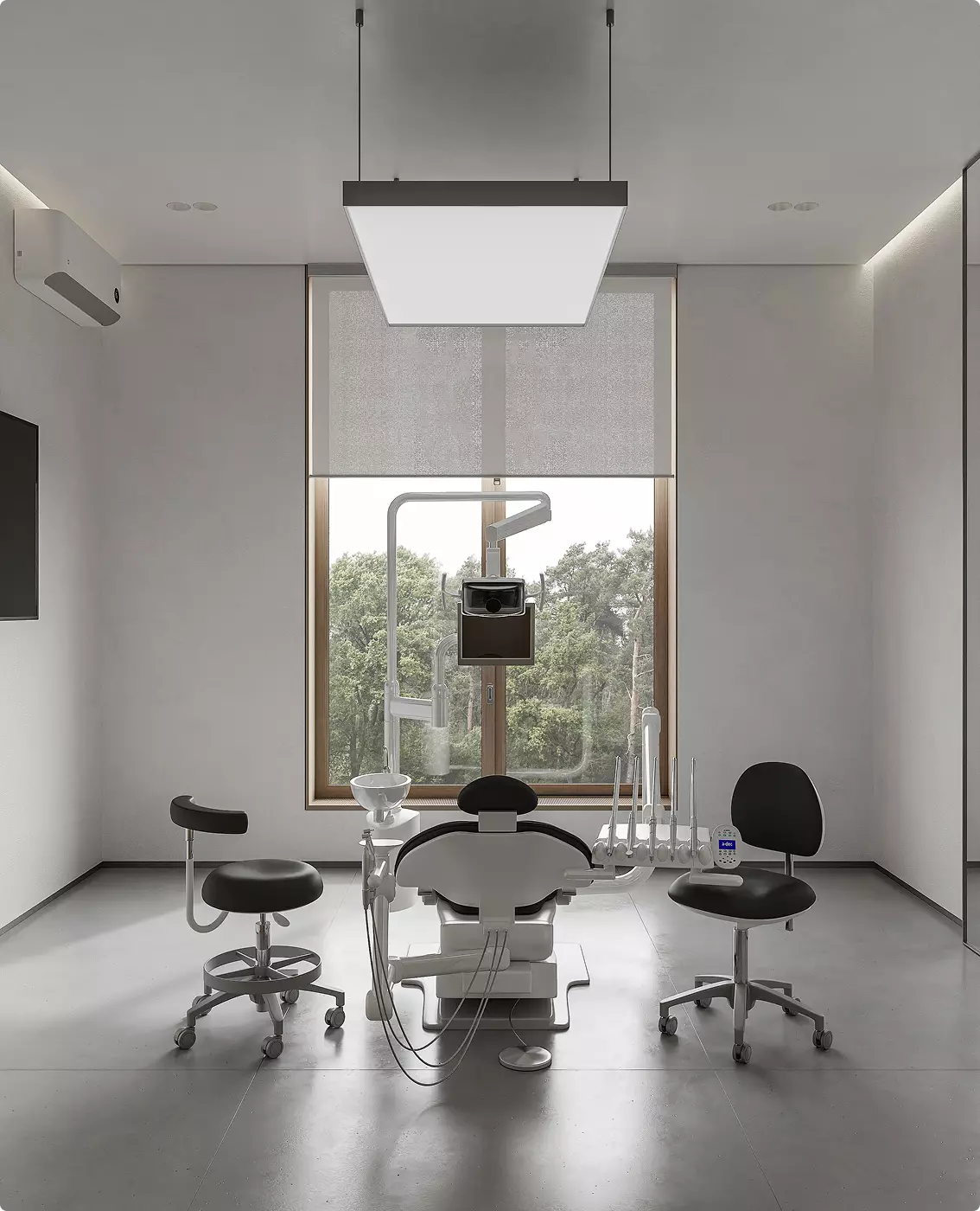 Symmetrical dental clinic visualization with centered treatment chair and clean modern interior.