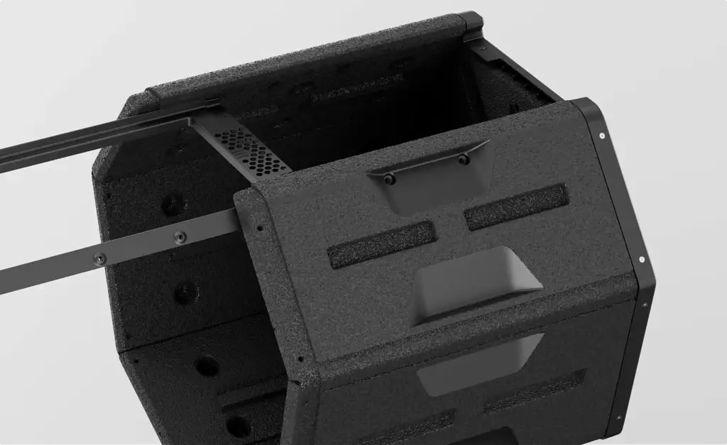 Smart composting device with open upper access panel and reinforced modular composting chamber design.