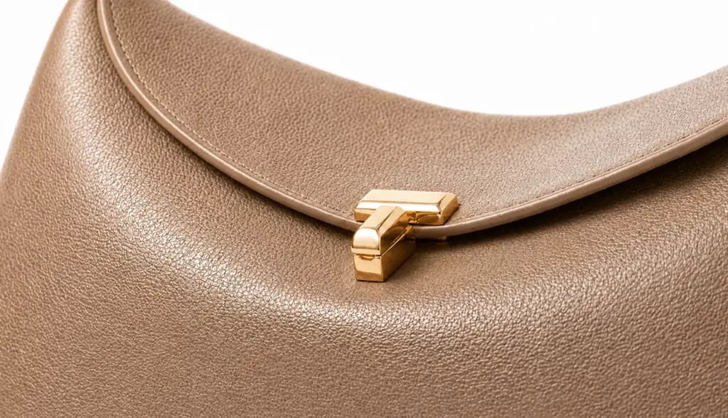Close-up of beige Toteme handbag clasp and textured leather finish