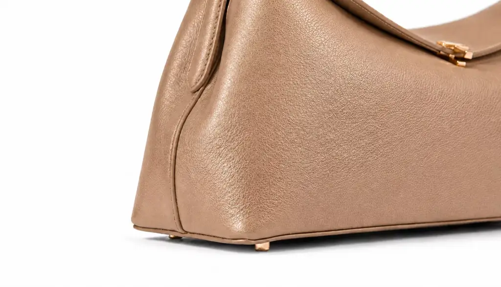 Side detail of beige Toteme handbag with textured leather and gold feet