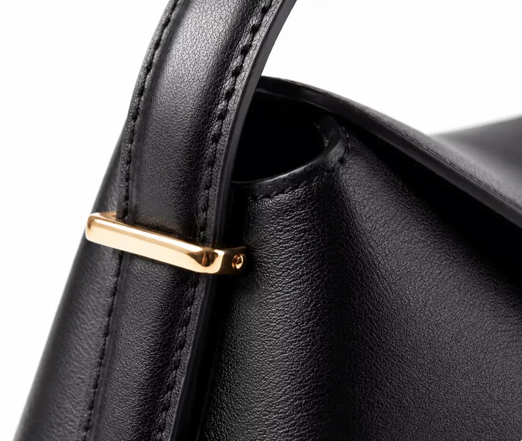 Close-up of black Toteme handbag strap with gold hardware detail