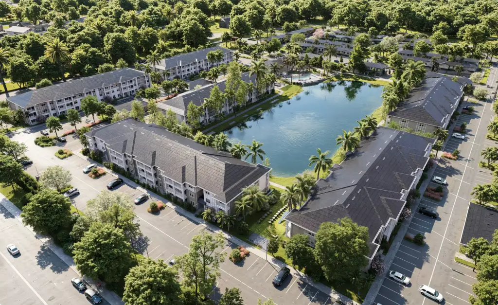 Tropical residential development CGI with apartment buildings, palm trees, parking areas, and central lake