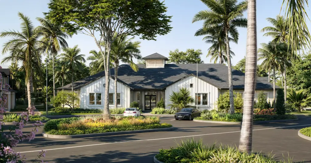 Tropical residential development CGI with clubhouse entrance, palm trees, and landscaped circular driveway
