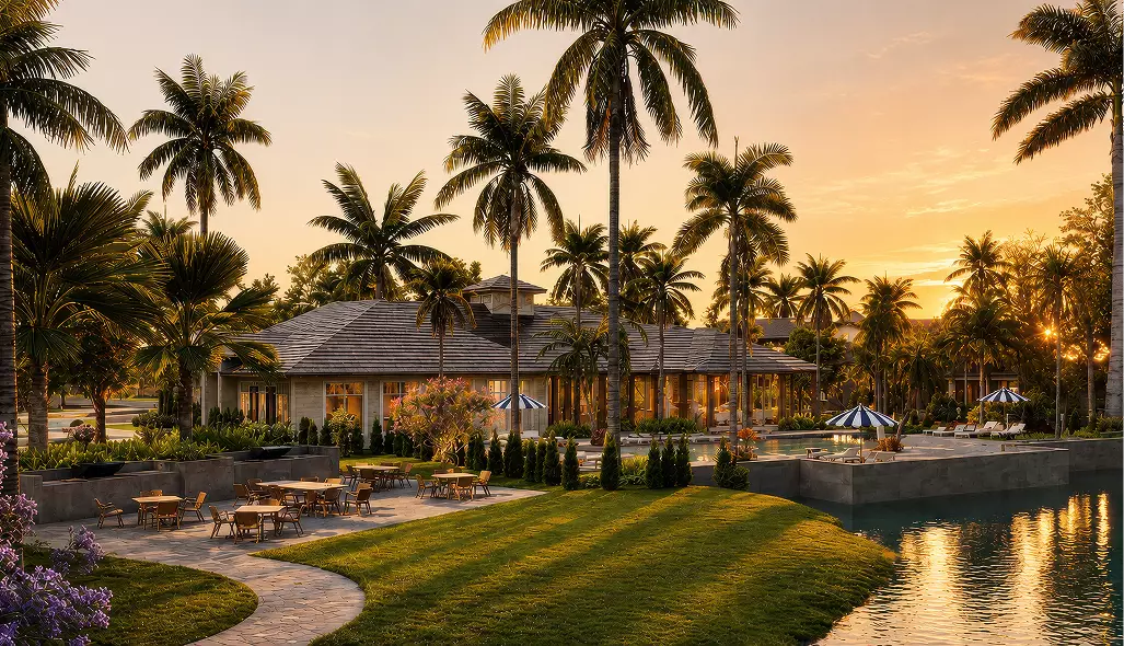 Tropical residential development CGI with lakeside clubhouse, palm trees, and sunset reflections on water