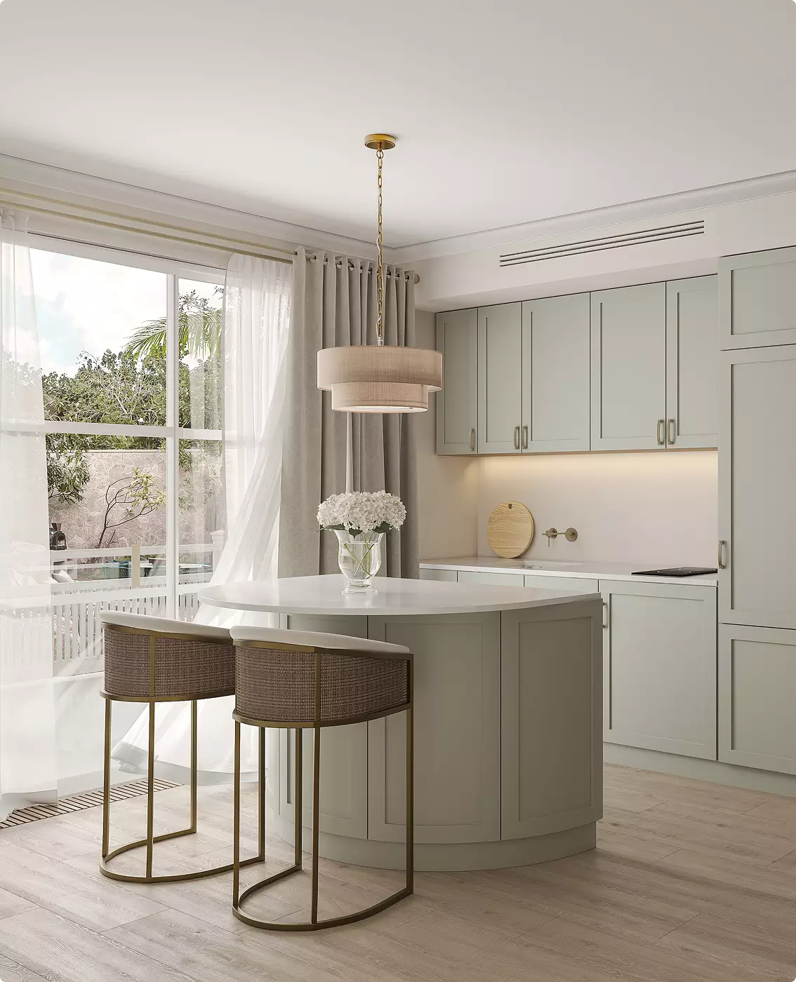 Tropical residential development CGI with bright kitchen island, soft cabinetry, and large window curtains