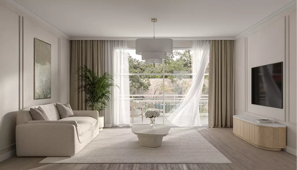 Tropical residential development CGI with neutral living room, large windows, and soft modern furnishings
