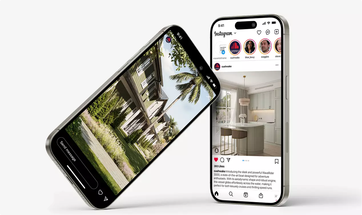 Tropical residential development CGI with smartphone mockups displaying residential interiors and exteriors