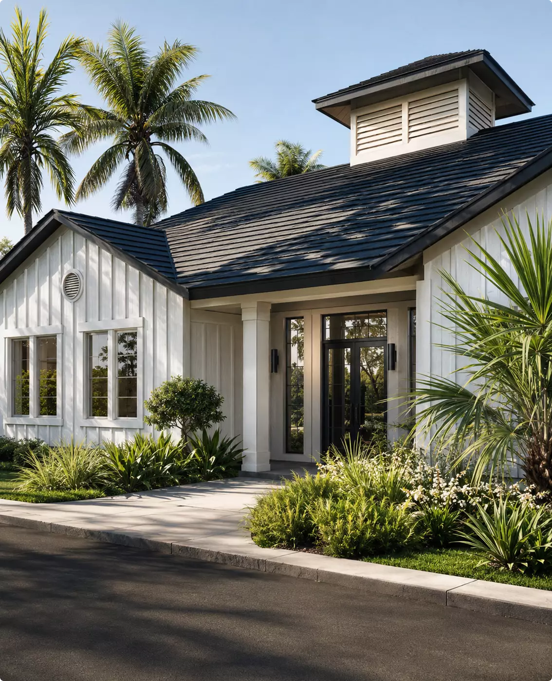 Tropical residential development CGI with modern clubhouse facade, tropical plants, and palm-lined street