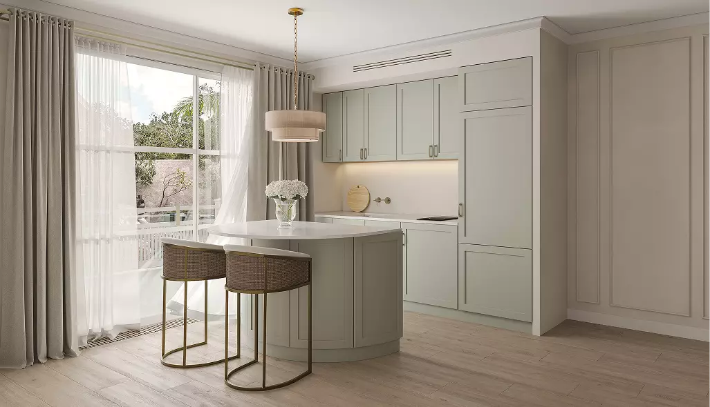 Tropical residential development CGI with modern kitchen island, soft cabinetry, and bright window seating