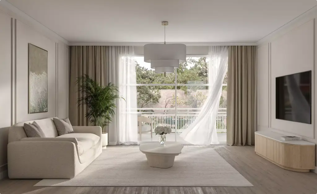 Tropical residential development CGI with minimalist living room, sheer curtains, and outdoor balcony view