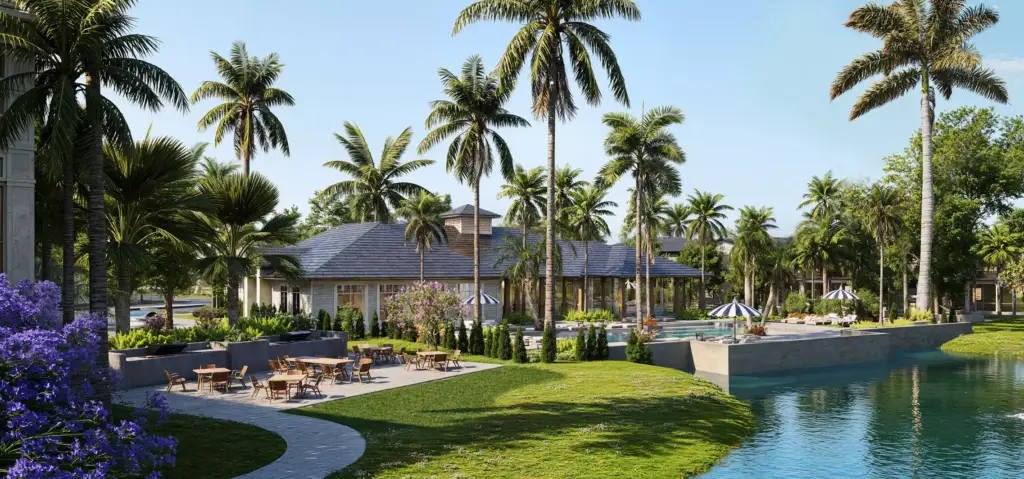 Tropical residential development CGI with sunlit palm leaves and tropical foliage against bright sky