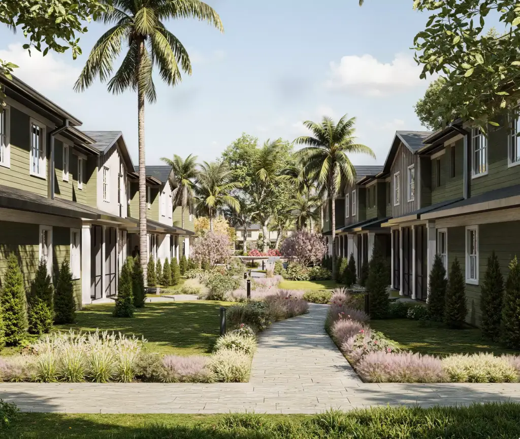Tropical residential development CGI with landscaped walkway, townhomes, palm trees, and garden courtyard