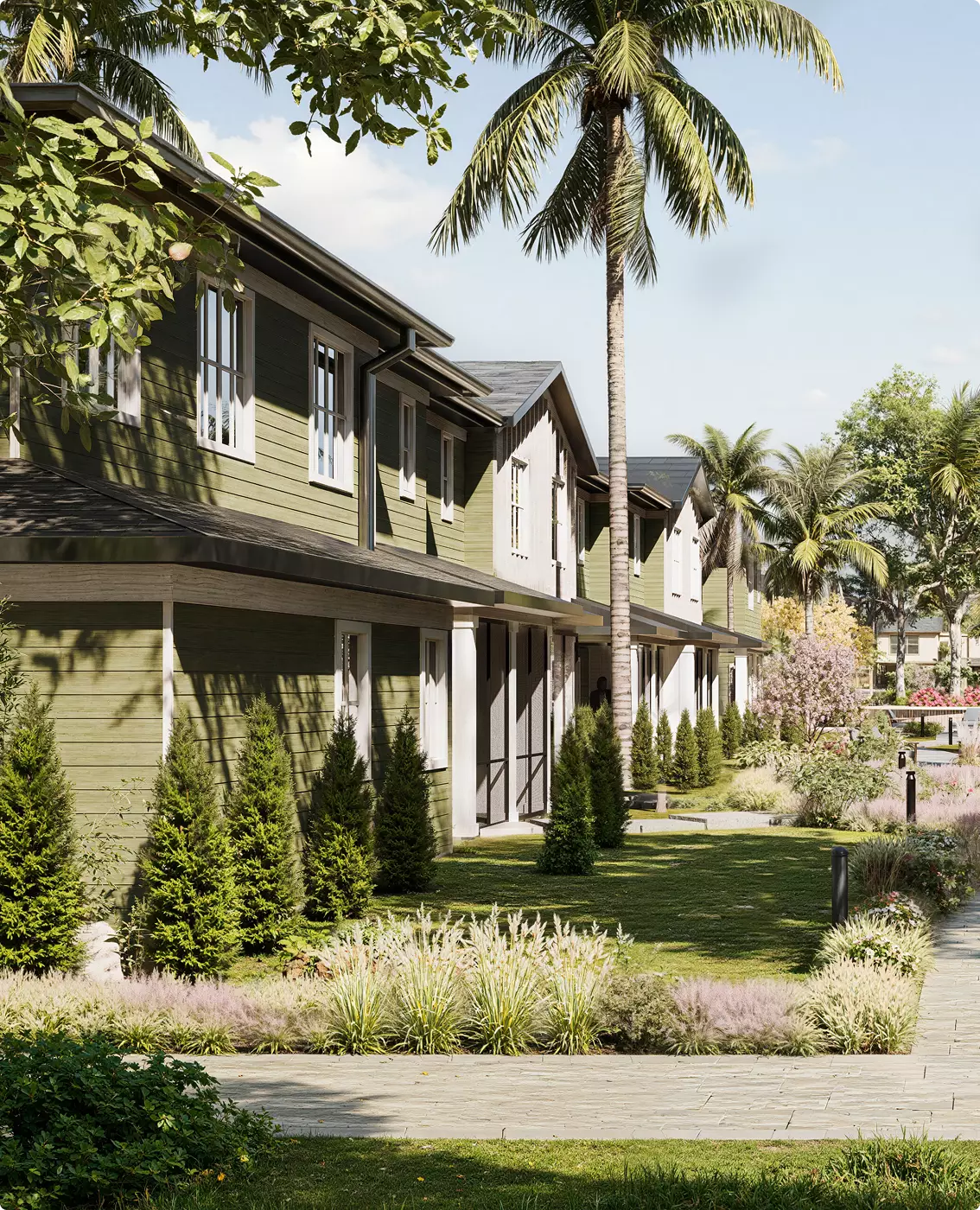 Tropical residential development CGI with townhouse facade, palm trees, and landscaped pedestrian walkway