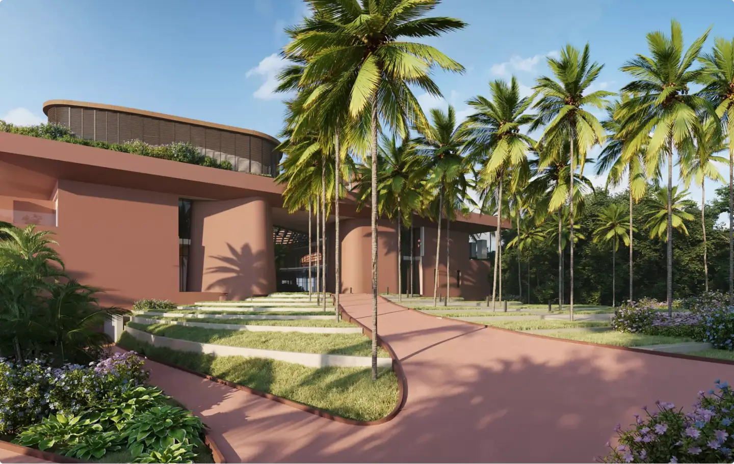 Best 3D Rendering & Architectural Visualization Companies in Australia in 2026 Resort architectural render with terracotta facade, curved paths, palms, and layered lawns