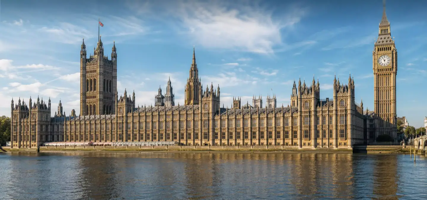 Victorian architecture view of the Palace of Westminster beside the River Thames