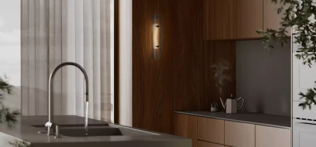 Kitchen counter and cabinets with lit wall fixture, wall light visualization interior render.