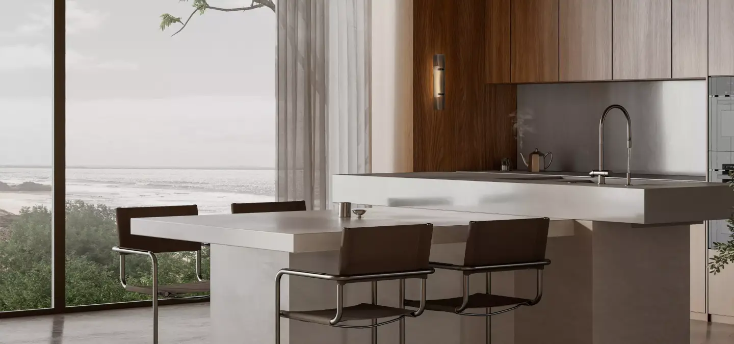 Render de interiores 3D: qué es, tipos, proceso y precio Render de interiores 3D de una cocina con iluminación de pared