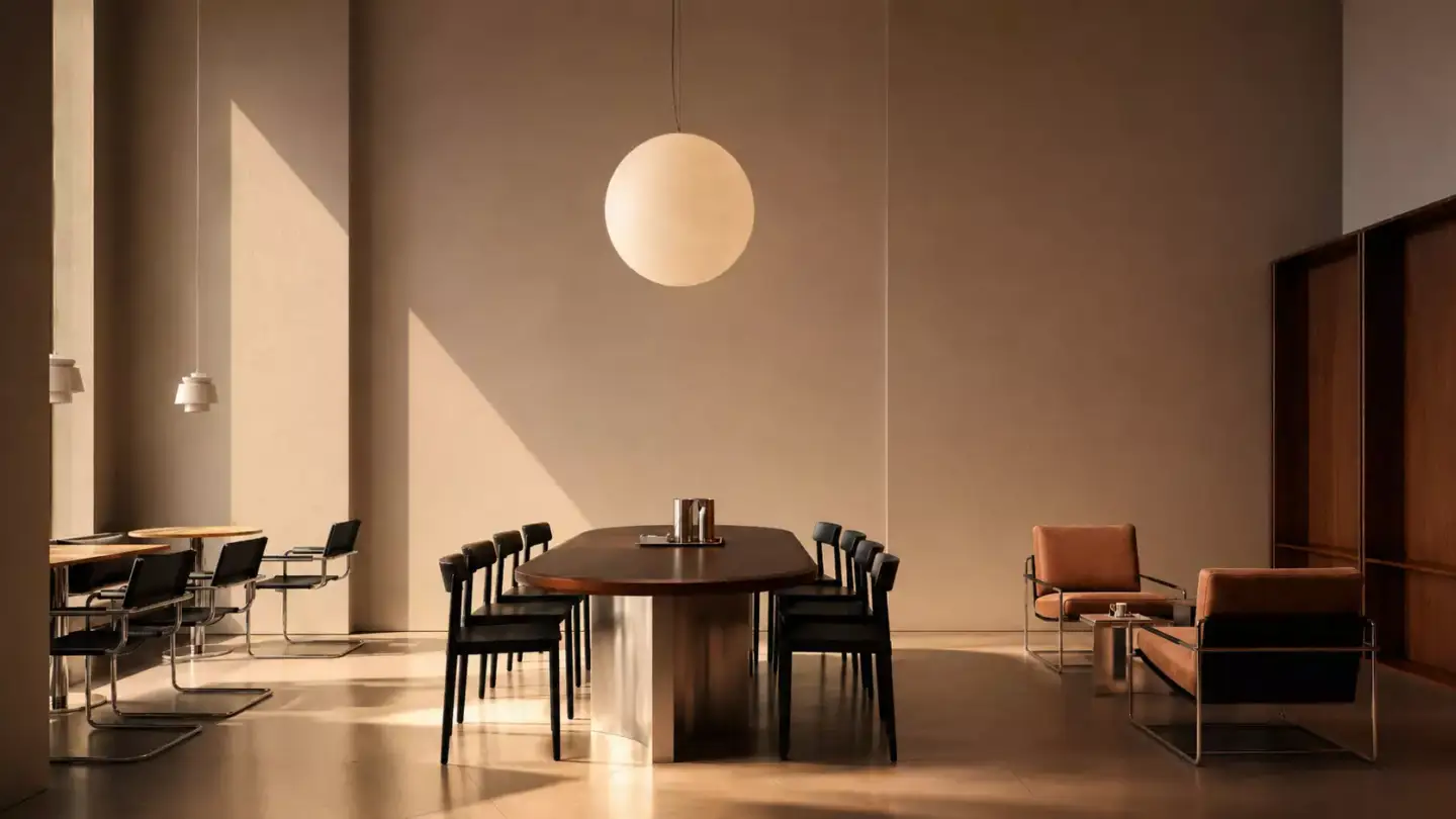Best Interior Renders for 3D Interior Visualization Warm dining room render with round pendant light, lounge chairs, and wood shelving
