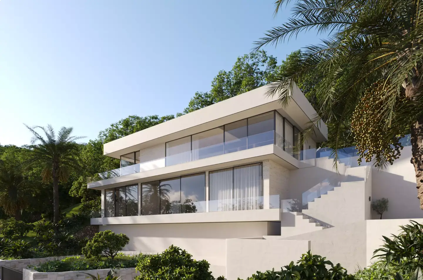 Best 3D Rendering & Architectural Visualization Companies in Australia in 2026 White hillside villa visualization with broad windows, glass balcony, palms, and exterior stairs