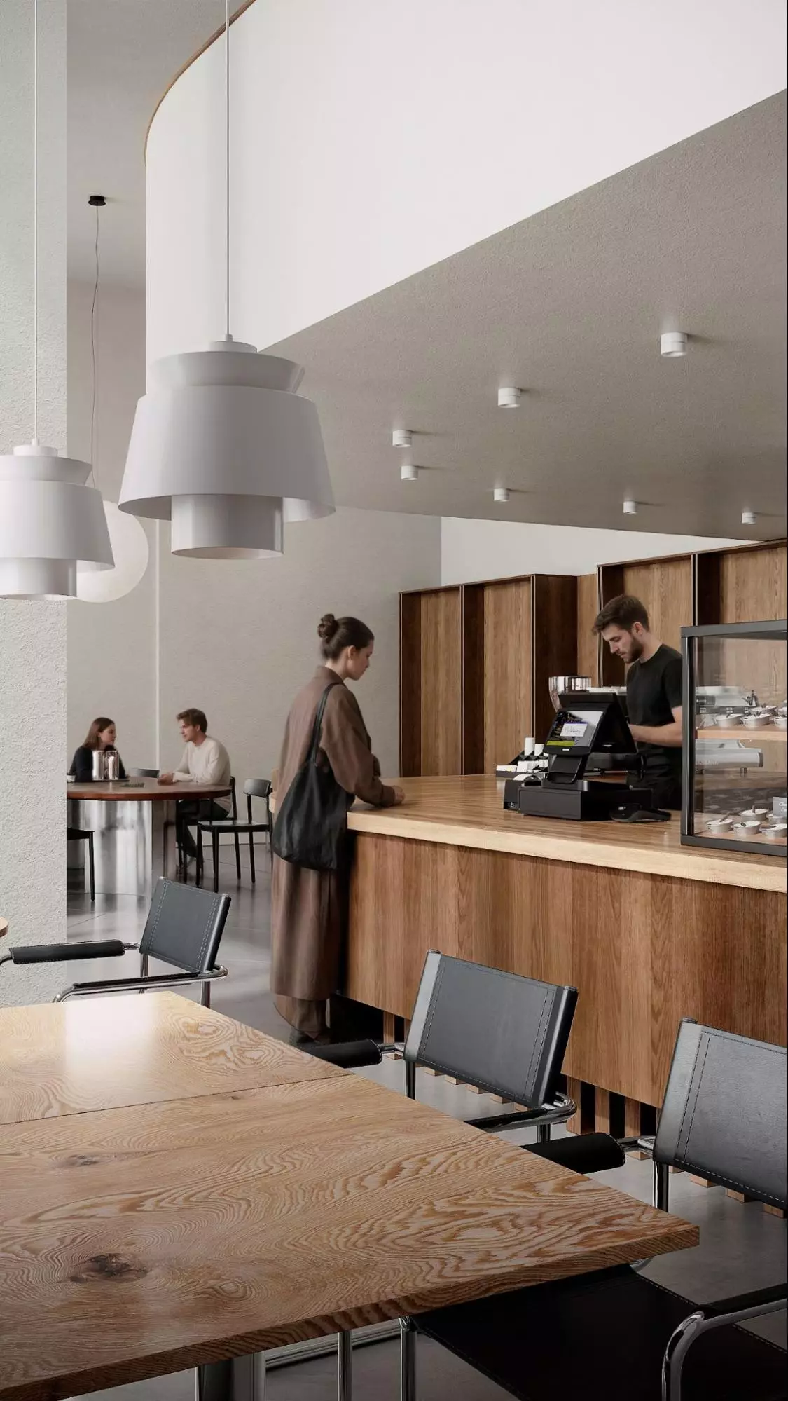 Best Interior Renders for 3D Interior Visualization Cafe interior render with wood counter, black chairs, white pendant lights, and seated guests