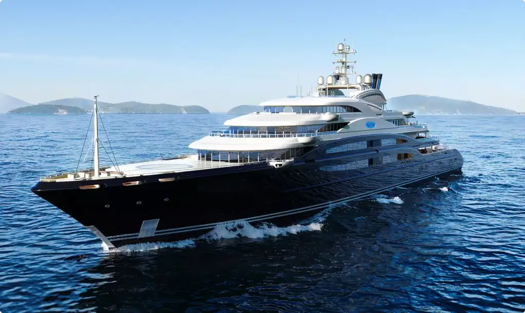 Yacht CGI of luxury superyacht cruising on calm blue ocean near distant islands