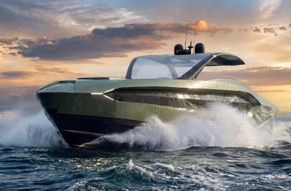 Photorealistic yacht 3D rendering at sunset by Maverick Frame Studio