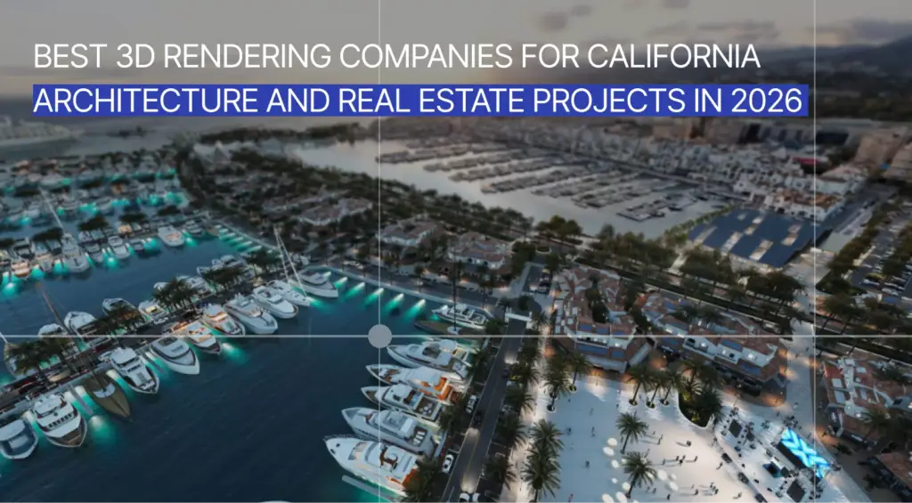 Aerial 3D rendering of a California marina and waterfront real estate development