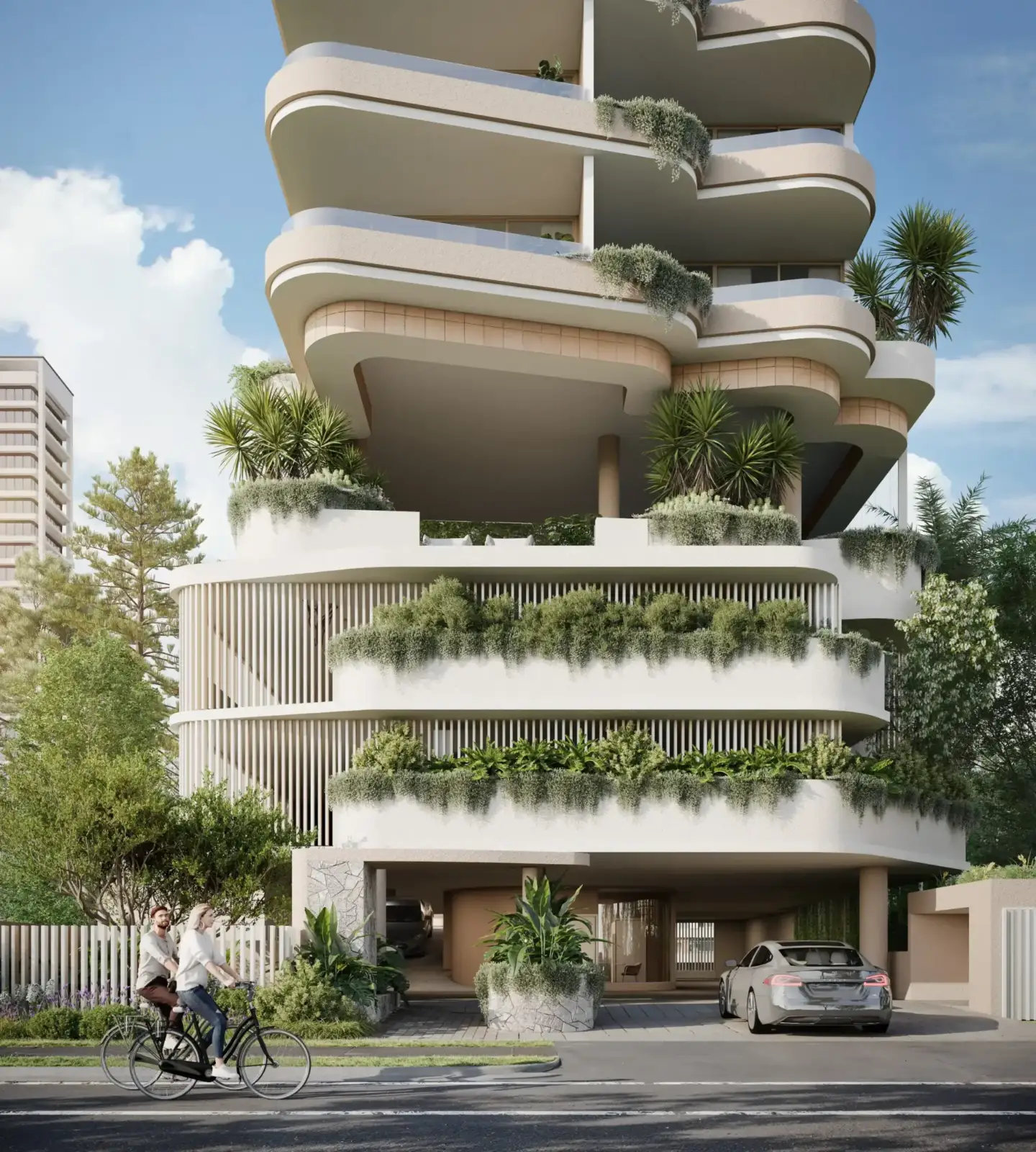 Best 3D Rendering Companies in Miami & South Florida for Luxury Real Estate in 2026 Contemporary condo 3D rendering Miami with curved terraces, greenery, and street level view