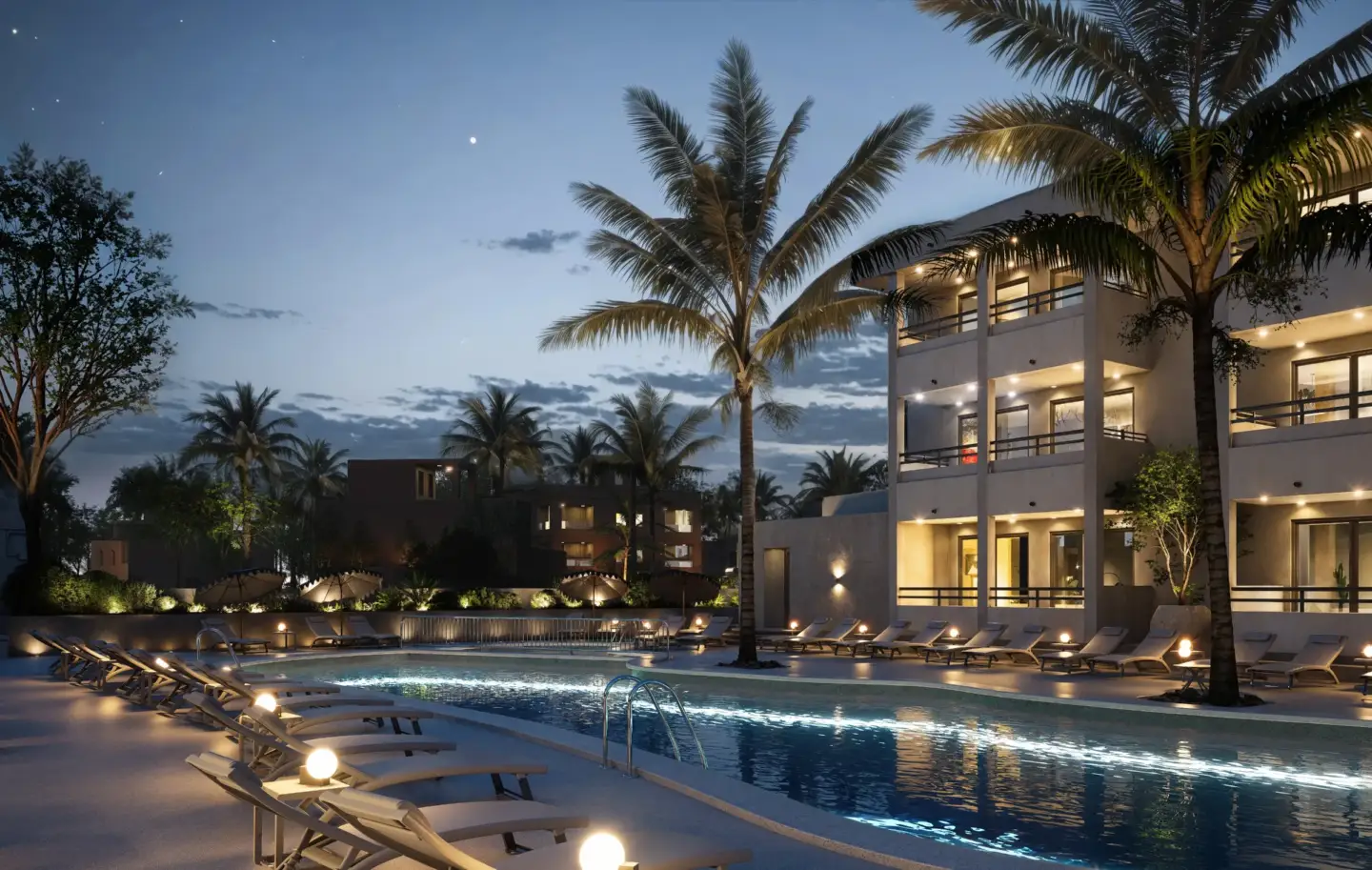 Resort pool and residences at dusk, hero 3D visualization for real estate developers solution page.