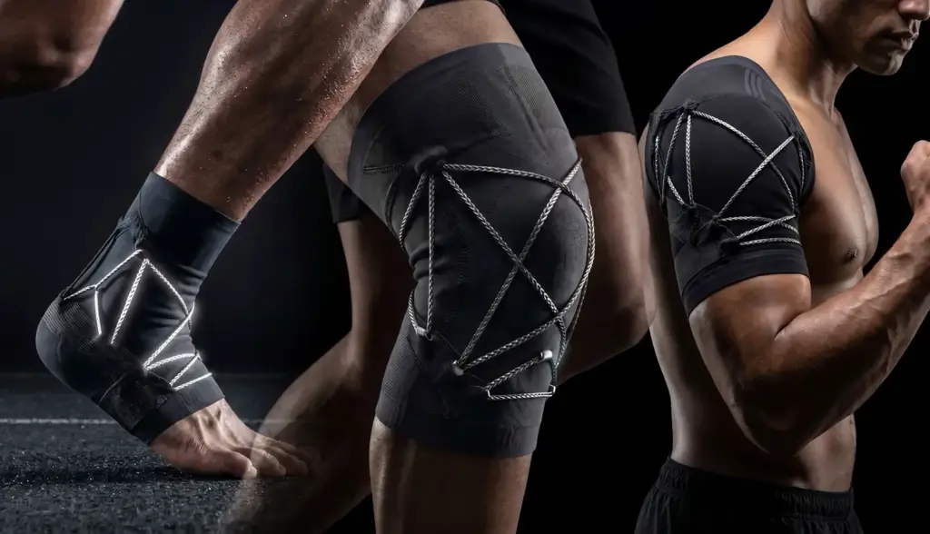 Ankle, knee, and shoulder compression supports shown together as a system.